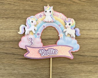Personalised Rainbow Unicorn Cake Topper, Handmade Fantasy Birthday Party Decoration in Pretty Pastels with Name & Age
