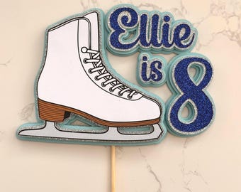 Adorno personalizado para tarta de cumpleaños con patines de hielo, decoración artesanal con purpurina en capas para patinadores artísticos con bota de patinaje, nombre y edad.
