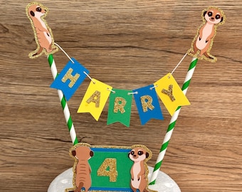 Adorno para tarta de suricata personalizado, diseño de pancarta con temática animal, con nombre y edad.