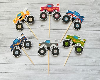 Monster Truck Cupcake Toppers, Racing Vehicle Themed Birthday Party Decor, Decorations for Small Cakes, 6 or 12 Pack