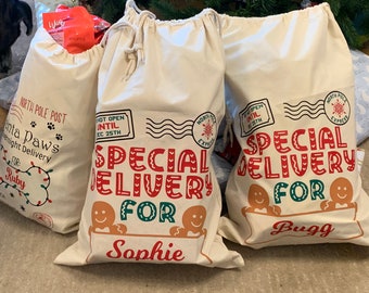 Personalised Gingerbread Man Santa Sack, High Quality Cotton Drawstring Bag for Christmas Gifts, Choice of Sizes