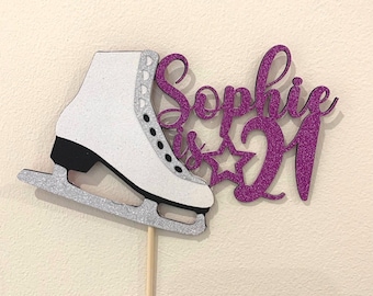 Personalised Ice Skate Birthday Cake Topper, Custom Handmade Glitter Party Decoration for Figure Skater with Skating Boot, Name and Age