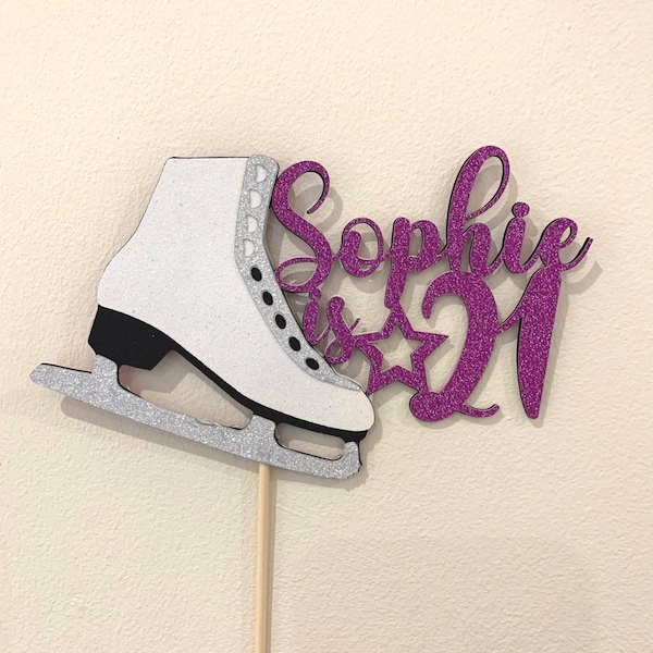 Personalised Ice Skate Birthday Cake Topper, Custom Handmade Glitter Party Decoration for Figure Skater with Skating Boot, Name and Age