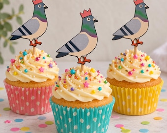 Pigeon Cupcake Toppers, Handmade Party Decor for Bird Lovers, Set of 6 or 12 Birthday Decorations for Small Cakes