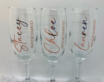 Wedding Champagne Flute Decals,  Bride, Bridesmaids, Mother of Bride Stickers for Champagne Glasses in Gold, Rose Gold or Silver Foil