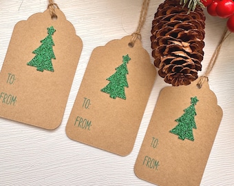 Etiquetas de regalo con forma de árbol de Navidad, etiquetas marrones hechas a mano con árboles de Navidad verdes brillantes y texto verde brillante, juego de 6 o 12 etiquetas sencillas.
