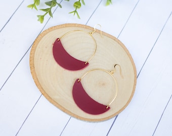 Smooth Red Crescent Hoop Leather Earrings, Statement Earrings, Semicircle Earrings, Swing Earrings