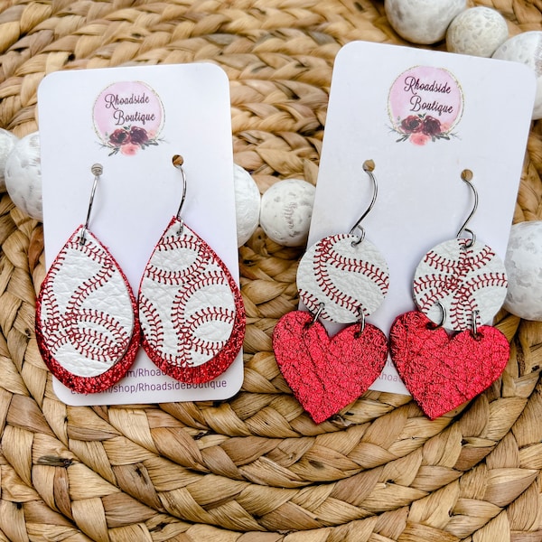 Baseball Earrings, custom colors, school spirit earrings, baseball heart earrings, Leather Earrings, team spirit earrings, dangle earrings