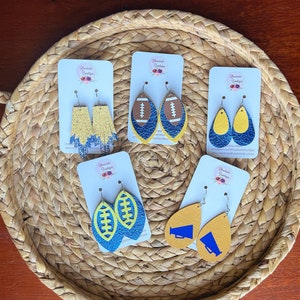 Blue and Gold Leather Earrings, Team Spirit Earrings, School Earrings, Football Earrings, Cheer Earrings, Downingtown