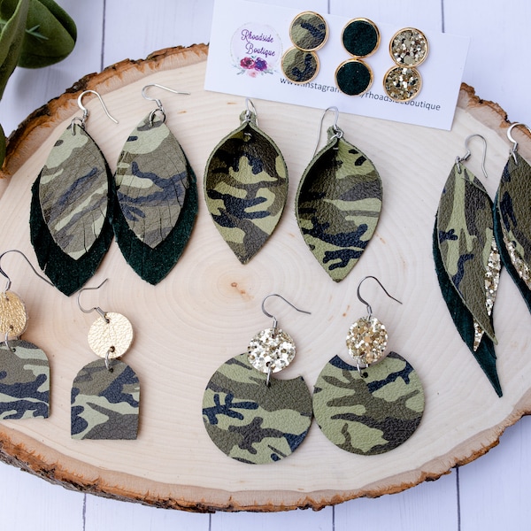 Camo Leather Earrings, Camo and Gold, Fringe Earrings, Boho Earrings, Studs, Feather Earring, Teardrop, Pinched Leaf, Statement Earrings