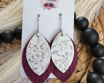 Floral Leather Dangle Earrings, Layered Boho Statement Earrings