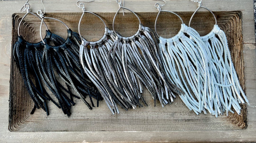 Metallic Leather Fringe Earrings, Leather Earrings, Boho Earrings ...