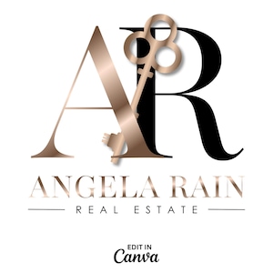 Pode incluir: Um logotipo para uma empresa imobiliária chamada Angela Rain Real Estate. O logotipo apresenta uma chave dourada estilizada com as letras "AR" em preto e dourado. O texto "Angela Rain Real Estate" está abaixo do logotipo.
