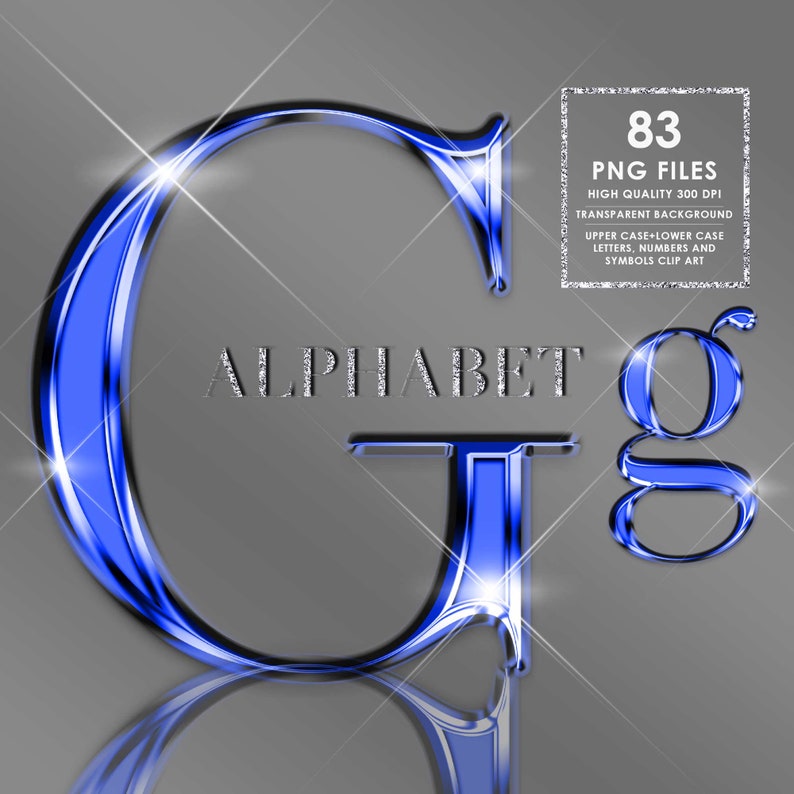 May include: Blue and silver 3D alphabet letter G with a sparkling effect. The letter is set against a gray background. The text "ALPHABET" is visible below the letter. 83 PNG files, high quality 300 DPI, transparent background, upper case and lower case letters, numbers and symbols clip art.