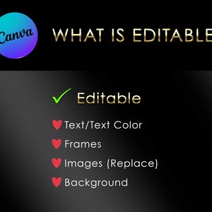 May include: A graphic with the Canva logo and the text "WHAT IS EDITABLE?" in gold. Below, a green checkmark and the word "Editable" are followed by a list: Text/Text Color, Frames, Images (Replace), and Background, each with a red heart icon.