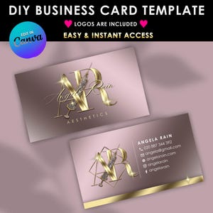 Modèle de carte de visite modifiable avec seringue, modèle de carte de visite bricolage, modèle de marque de logo de produits de beauté, logo premade en or rose, téléchargement immédiat