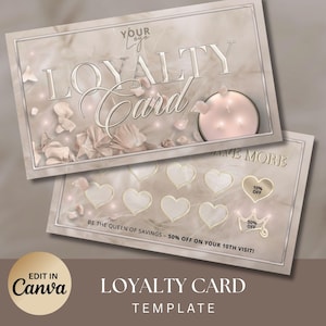 Può includere: Due modelli di tessere fedeltà dal design morbido ed elegante. Le tessere presentano la scritta "LOYALTY Card" in argento, con aree perforate a forma di cuore e una grafica a candela. La tessera in basso riporta la scritta "BE THE QUEEN OF SAVINGS - 50% OFF ON YOUR 10TH VISIT!"