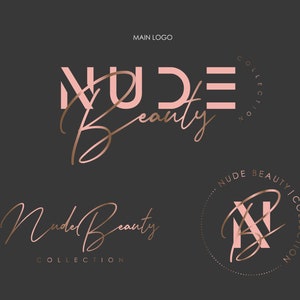 May include: A logo design for a beauty brand called "Nude Beauty Collection". The logo features the word "Nude" in pink with a gold outline and the word "Beauty" in a handwritten script font in gold. The logo also includes a circular design with the words "Nude Beauty Collection" and the letters "NB" in a stylized font.