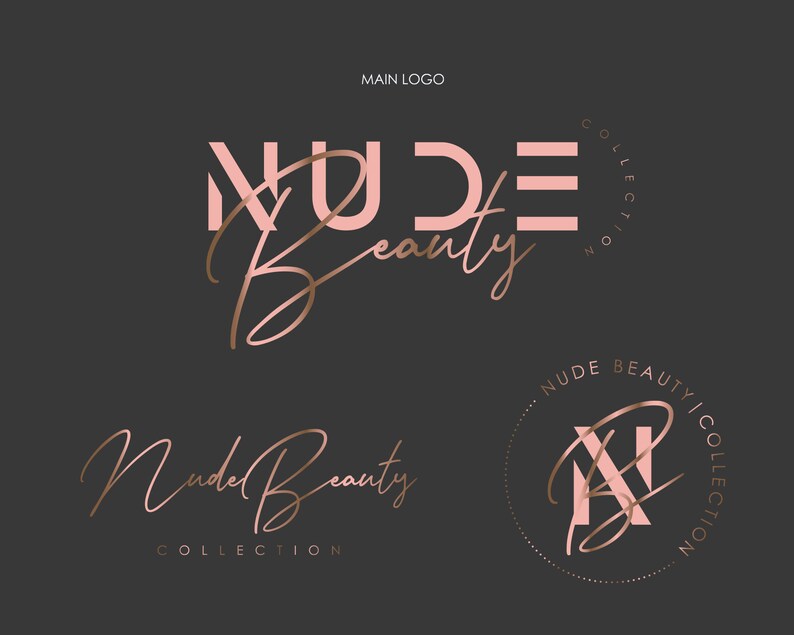 May include: A logo design for a beauty brand called "Nude Beauty Collection". The logo features the word "Nude" in pink with a gold outline and the word "Beauty" in a handwritten script font in gold. The logo also includes a circular design with the words "Nude Beauty Collection" and the letters "NB" in a stylized font.