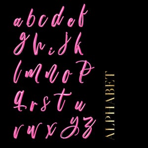 Pu&ograve; includere: Lettere dell'alfabeto in corsivo rosa su sfondo nero. Le lettere sono disposte in righe, con la parola "ALPHABET" in oro sul lato destro. Le lettere sono in stile manoscritto.