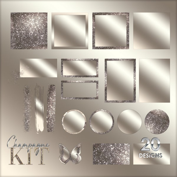 Lot de kit de marque champagne doré, fond doré, cadres glam png clipart, scintillement, coups de pinceau, cercles bling, logo png de fond