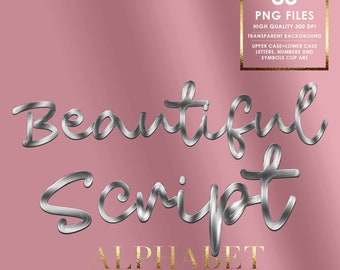 May include: A set of 83 silver metallic script font letters, numbers, and symbols. The letters are in a cursive style and have a brushed metal effect. The text "Beautiful Script Alphabet" is displayed in gold letters below the font.