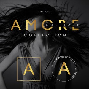 May include: A black and white image of a woman with long black hair. The text "AMORE BOUTIQUE COLLECTION" is displayed in gold letters. The letter "A" is highlighted in gold in a square and a circle.