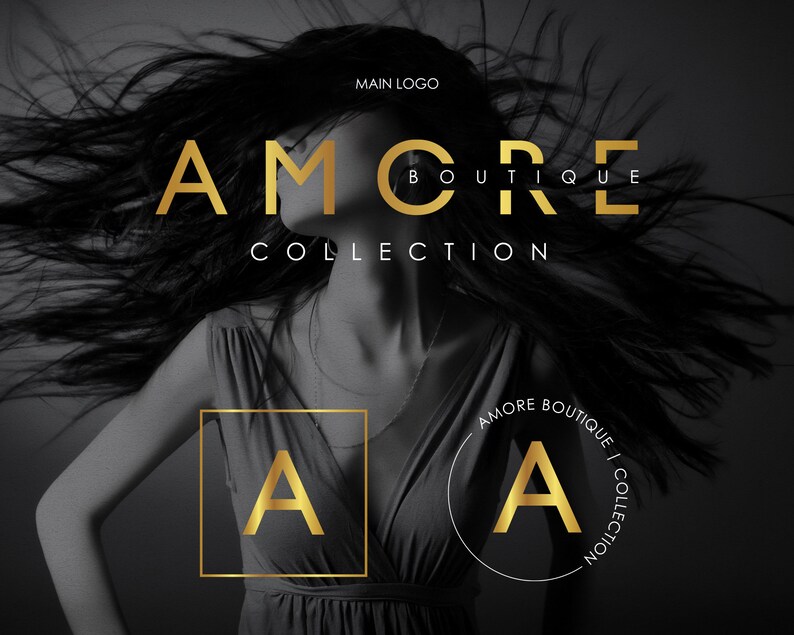 May include: A black and white image of a woman with long black hair. The text "AMORE BOUTIQUE COLLECTION" is displayed in gold letters. The letter "A" is highlighted in gold in a square and a circle.