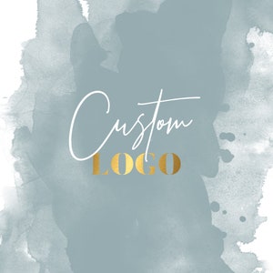 May include: A light blue watercolor background with the text "Custom LOGO" in gold lettering.
