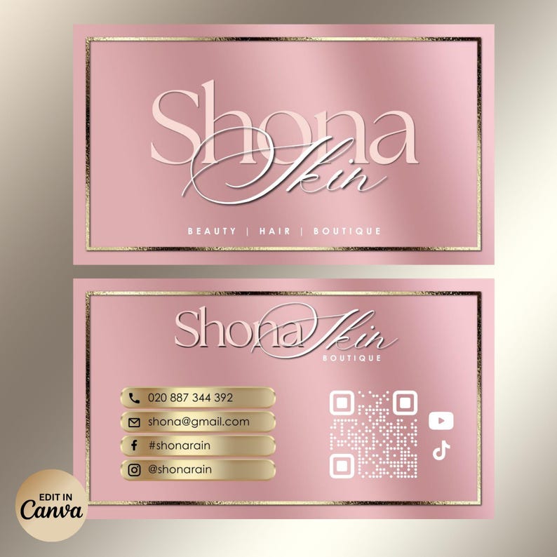 May include: A business card design with a pink gradient background and gold accents. The card features the text "Shona Skin" in an elegant script, along with contact information and social media handles. The words "Beauty, Hair, Boutique" are also visible.