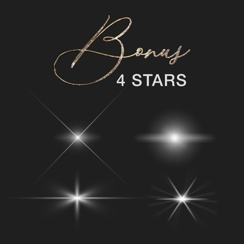 May include: Four white starburst shapes on a black background. The text "Bonus 4 Stars" is written in gold glitter font at the top of the image.