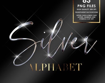 May include: Silver alphabet clip art with 83 high quality PNG files. The letters are shiny and metallic with a sparkling effect. The background is black.