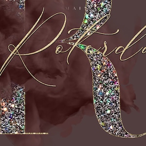 May include: Gold glitter lettering on a burgundy background that reads "Rotterdam".