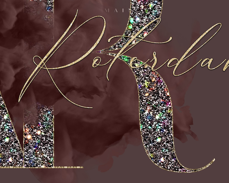 May include: Gold glitter lettering on a burgundy background that reads "Rotterdam".