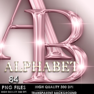 Roze chroom alfabet PNG-illustraties, roségouden chroomletters png, glitterroze letters, roze lettertype png, glamour, hoge glans, digitale download