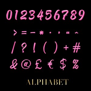 Pu&ograve; includere: Numeri, simboli e segni di valuta rosa lucidi su sfondo nero. L'immagine include i numeri da 0 a 9, segni di punteggiatura e simboli come la e commerciale, la chiocciola, la sterlina, l'euro, il dollaro e la percentuale. La parola "ALPHABET" &egrave; in basso.