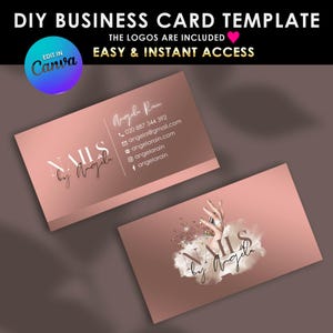 Plantilla de tarjeta de presentación editable en oro rosa, logotipo de uñas de Canva para tarjetas de presentación DIY, logotipo de estética, logotipo de belleza DIY, descarga instantánea