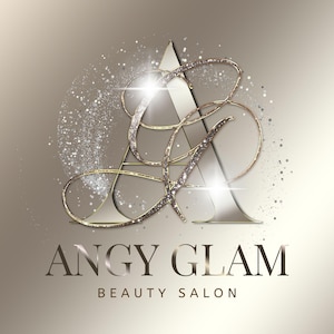 Plantilla de logotipo inicial de lujo con purpurina dorada, logotipo editable en Canva, logotipo moderno, logotipo de belleza, logotipo de bricolaje para pestañas, logotipo de peluquero, logotipo de maquillaje