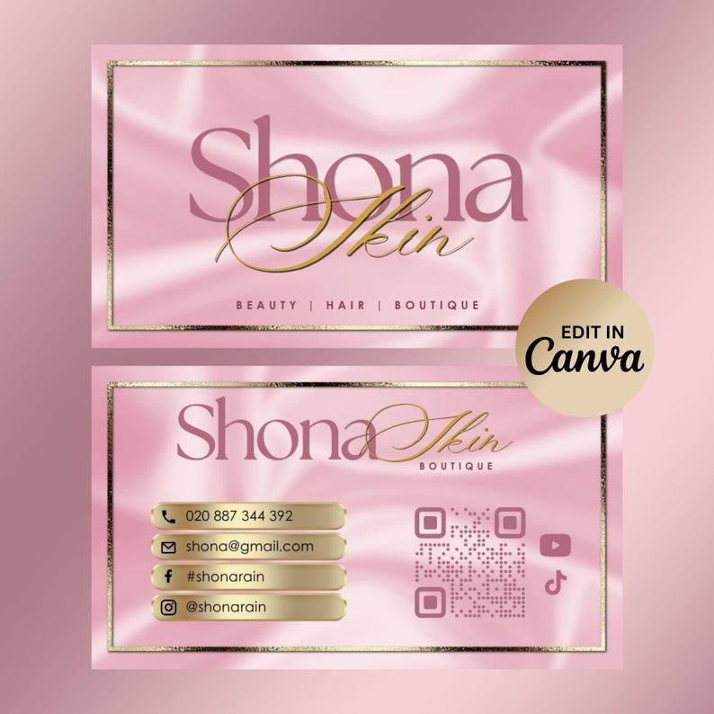 K&ouml;nnte beinhalten: Rosa Visitenkarten mit goldenem Rand und dem Text "Shona Skin". Die Karten enthalten Kontaktinformationen, Social-Media-Handles und einen QR-Code. Die W&ouml;rter "Beauty, Hair, Boutique" sind ebenfalls sichtbar.