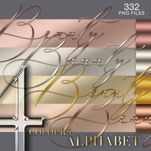 May include: A set of 332 PNG files featuring a gold, rose gold, silver, and copper alphabet with the word "Beauty" written in a cursive script. The alphabet is available in four colours.
