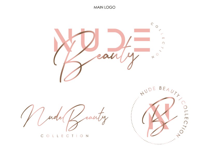 May include: A logo design for a brand called "Nude Beauty Collection". The logo features the words "Nude Beauty" in a pink and brown script font. The word "Nude" is in a bold, blocky font. The logo also includes a stylized "NB" monogram in a circle.
