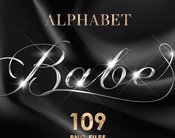 May include: A digital design featuring the word "Alphabet" in gold, with the word "Babe" in a silver script font. The number "109" is in gold, with "PNG FILES" and "HIGH QUALITY 300 DPI" below. The background is black.