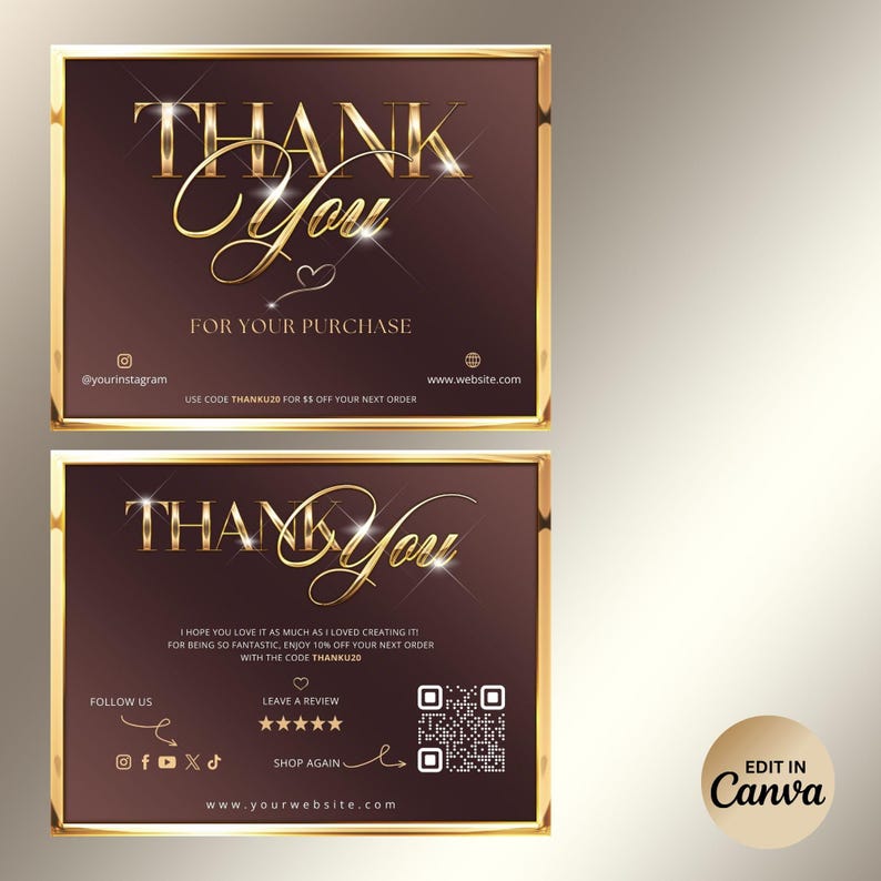 Luxury Thank You Card Template, Gold Metallic Thank You Card, Editable ...