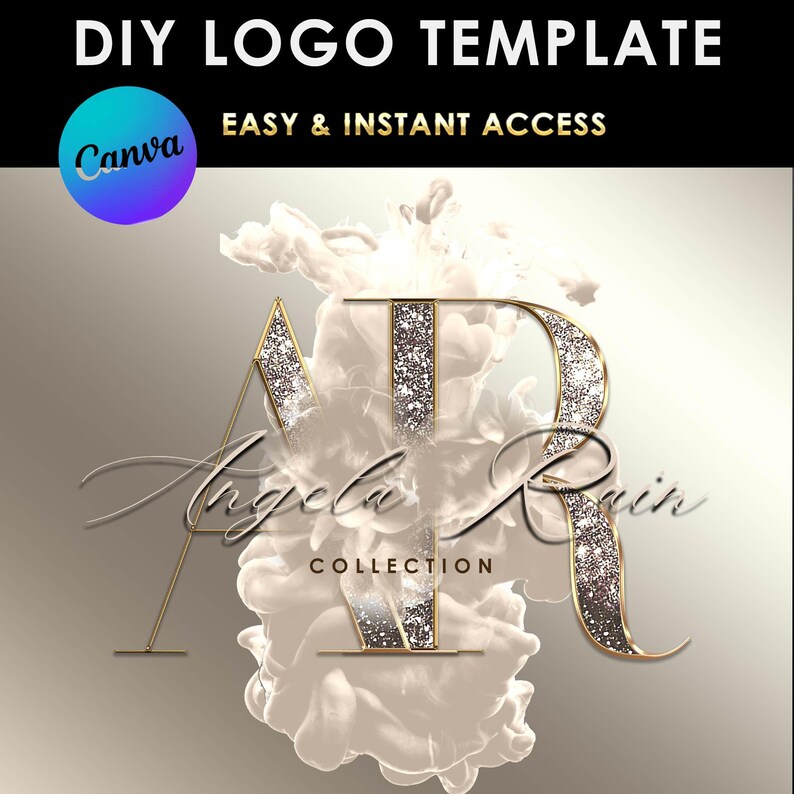 May include: DIY logo template for Canva with a gold and silver glitter "AR" monogram with a white smoke effect and the text "Angela Rain Collection".