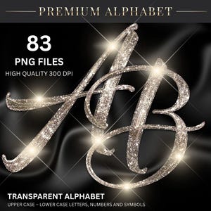 May include: A shimmering "AB" design with glitter effect, set against a black backdrop. The image includes the text "PREMIUM ALPHABET", "83 PNG FILES", "HIGH QUALITY 300 DPI", and "TRANSPARENT ALPHABET". The design features upper and lower case letters, numbers, and symbols.