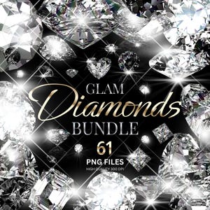 K&ouml;nnte beinhalten: Eine Ansammlung funkelnder Diamanten in verschiedenen Formen, darunter ein herzf&ouml;rmiger Diamant in der Mitte. Der Text "GLAM Diamonds BUNDLE 61 PNG FILES HIGH QUALITY 300 DPI" ist in goldener Schrift auf schwarzem Hintergrund zu sehen.