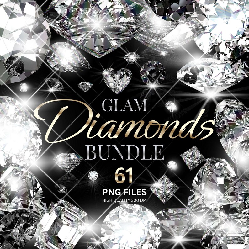 K&ouml;nnte beinhalten: Eine Ansammlung funkelnder Diamanten in verschiedenen Formen, darunter ein herzf&ouml;rmiger Diamant in der Mitte. Der Text "GLAM Diamonds BUNDLE 61 PNG FILES HIGH QUALITY 300 DPI" ist in goldener Schrift auf schwarzem Hintergrund zu sehen.