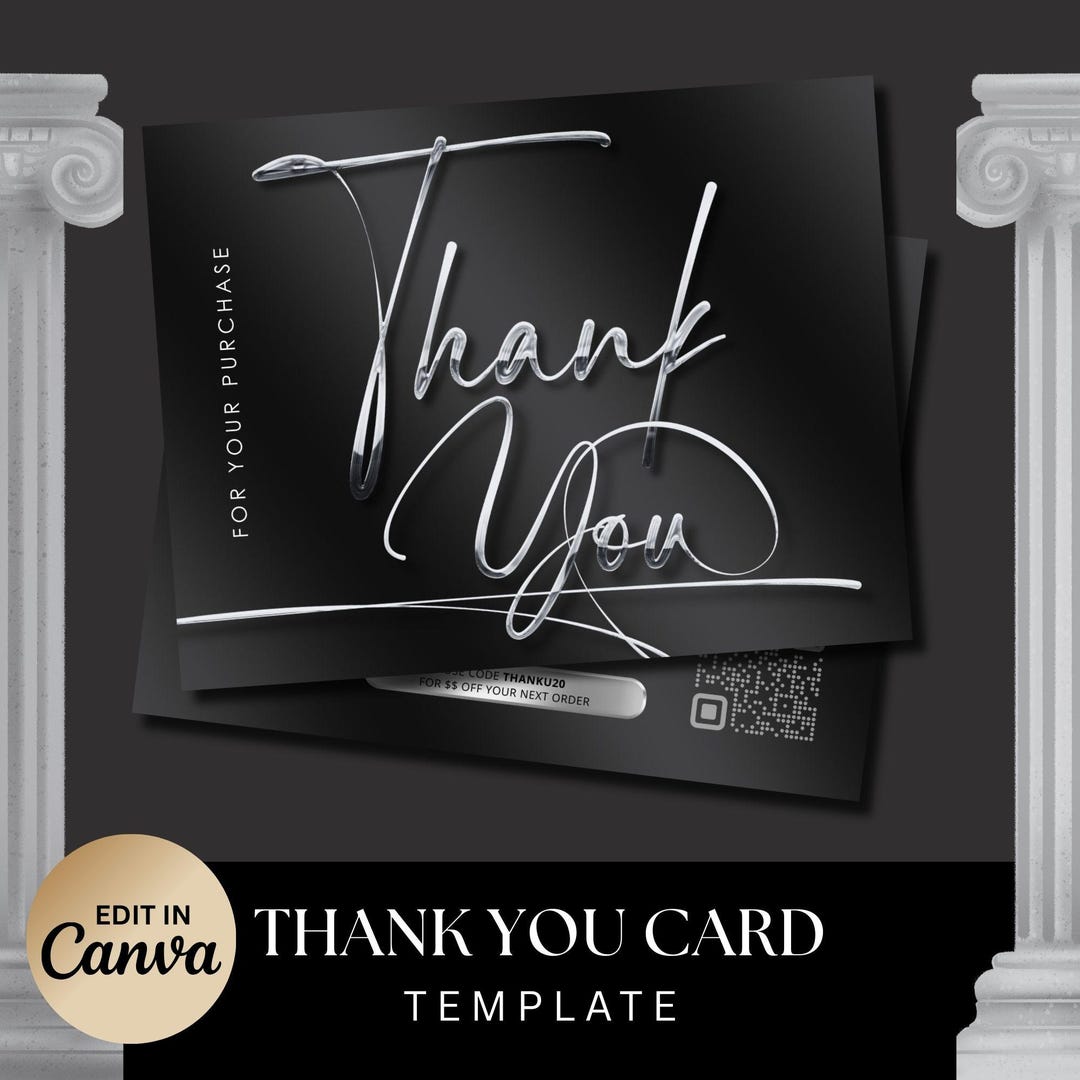 Editable Thank You Card, Black Silver Thank You Card, Canva Template ...