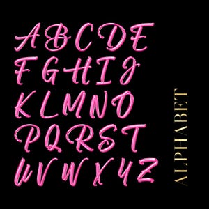 Pu&ograve; includere: Alfabeto corsivo rosa, dalla A alla Z, su sfondo nero. La parola "ALPHABET" &egrave; scritta verticalmente in glitter dorati sul lato destro dell'immagine.