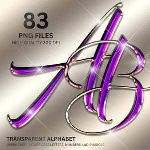 Puede incluir: Imagen estilizada de las letras "AB" en un diseño metálico brillante. Las letras son principalmente moradas con contornos dorados, sobre un fondo degradado. El texto superior dice "83 PNG FILES" y "HIGH QUALITY 300 DPI". El texto inferior dice "TRANSPARENT ALPHABET".